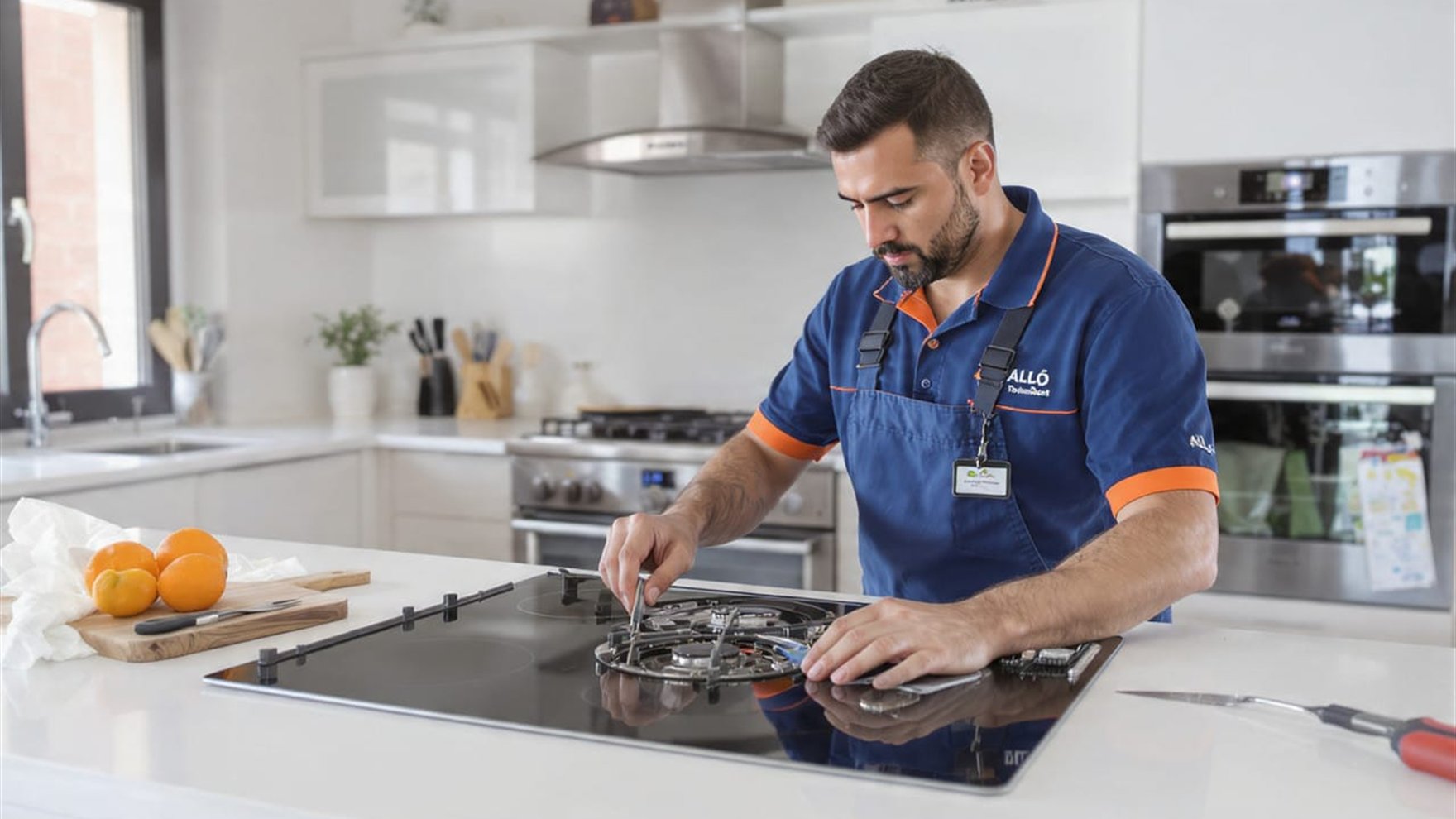 Technicien Allô Technicien Arribat réparant un appareil électroménager à domicile